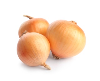 Photo of Fresh ripe onion bulbs on white background
