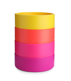 Photo of Colorful plastic holder isolated on white. Stationery for school