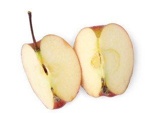 Photo of Pieces of ripe red apple isolated on white, top view