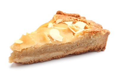 Photo of Piece of delicious sweet pear tart on white background