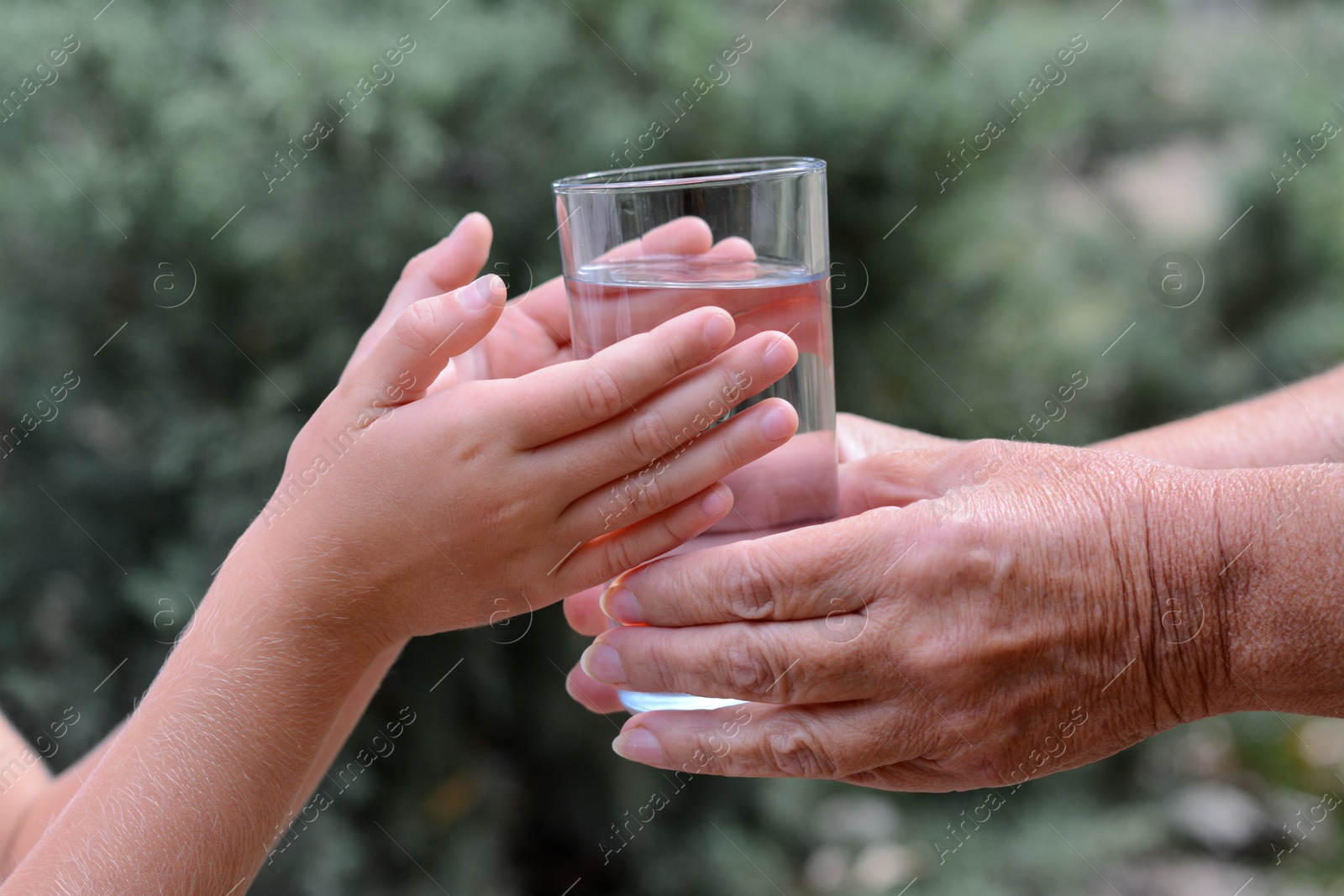 Photo of Child giving glass of water to elderly woman outdoors, closeup