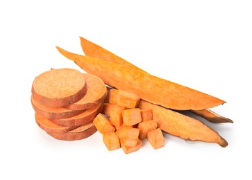 Photo of Cut fresh sweet potato on white background