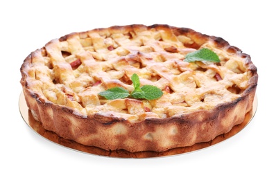 Photo of Delicious traditional apple pie with mint isolated on white