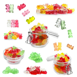 Image of Set of delicious jelly candies on white background