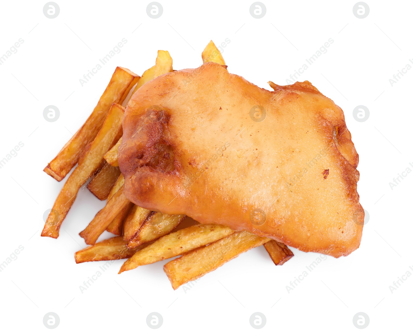 Photo of Tasty fish and chips isolated on white, top view