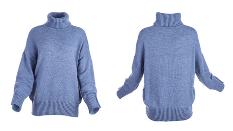 Stylish warm blue sweater isolated on white, back and front 
