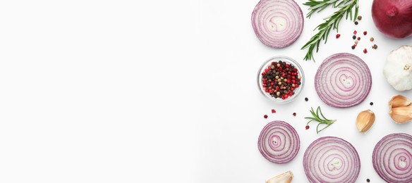 Photo of Fresh red onions, garlic, rosemary and spices on white background, flat lay. Space for text