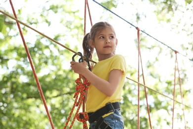 Photo of Little girl climbing in adventure park. Summer camp