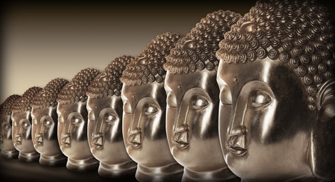 Image of Row of golden Buddha sculptures, banner design. World religion