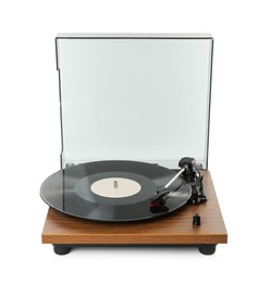 Photo of Modern turntable with vinyl record isolated on white