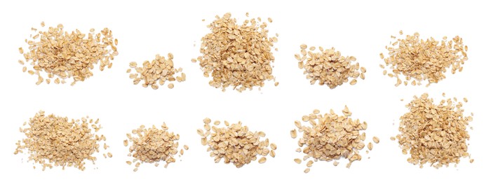 Image of Rolled oats isolated on white, collection. Top view