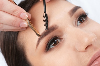 Young woman having professional eyebrow correction procedure in beauty salon