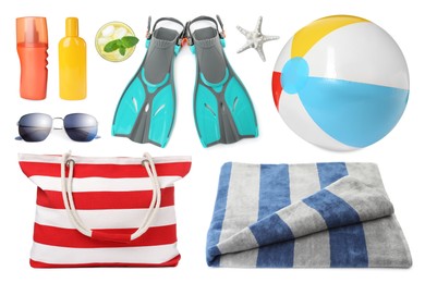 Set with towel and other beach accessories on white background