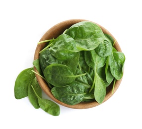 Photo of Fresh green healthy baby spinach leaves in wooden bowl isolated on white, top view