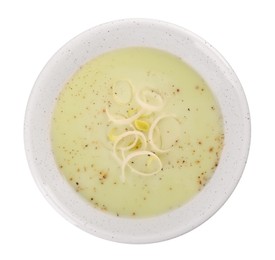 Photo of Bowl of tasty leek soup isolated on white, top view