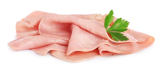 Photo of Slices of delicious ham with parsley on white background