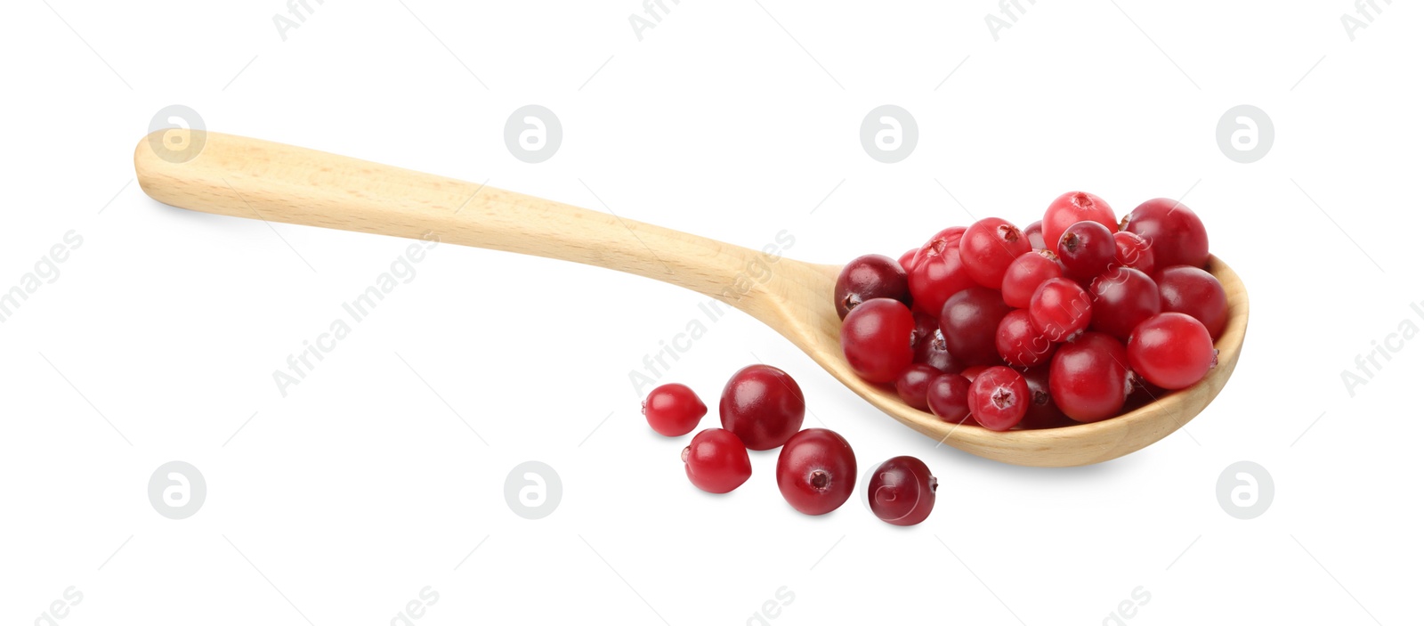 Photo of Wooden spoon and fresh ripe cranberries isolated on white