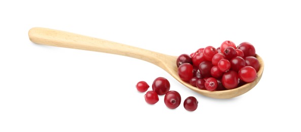 Photo of Wooden spoon and fresh ripe cranberries isolated on white