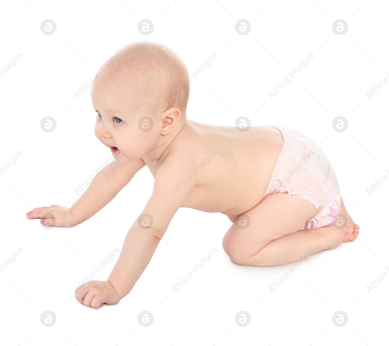 Photo of Cute little baby crawling on white background