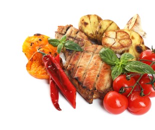 Photo of Tasty grilled vegetables, meat, fresh cherry tomatoes and basil isolated on white