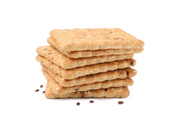 Photo of Stack of cereal crackers with flax and sesame seeds isolated on white