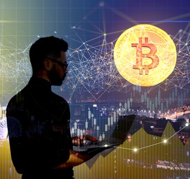 Image of Multiple exposure of bitcoin, businessman, graphs, schemes and night cityscape