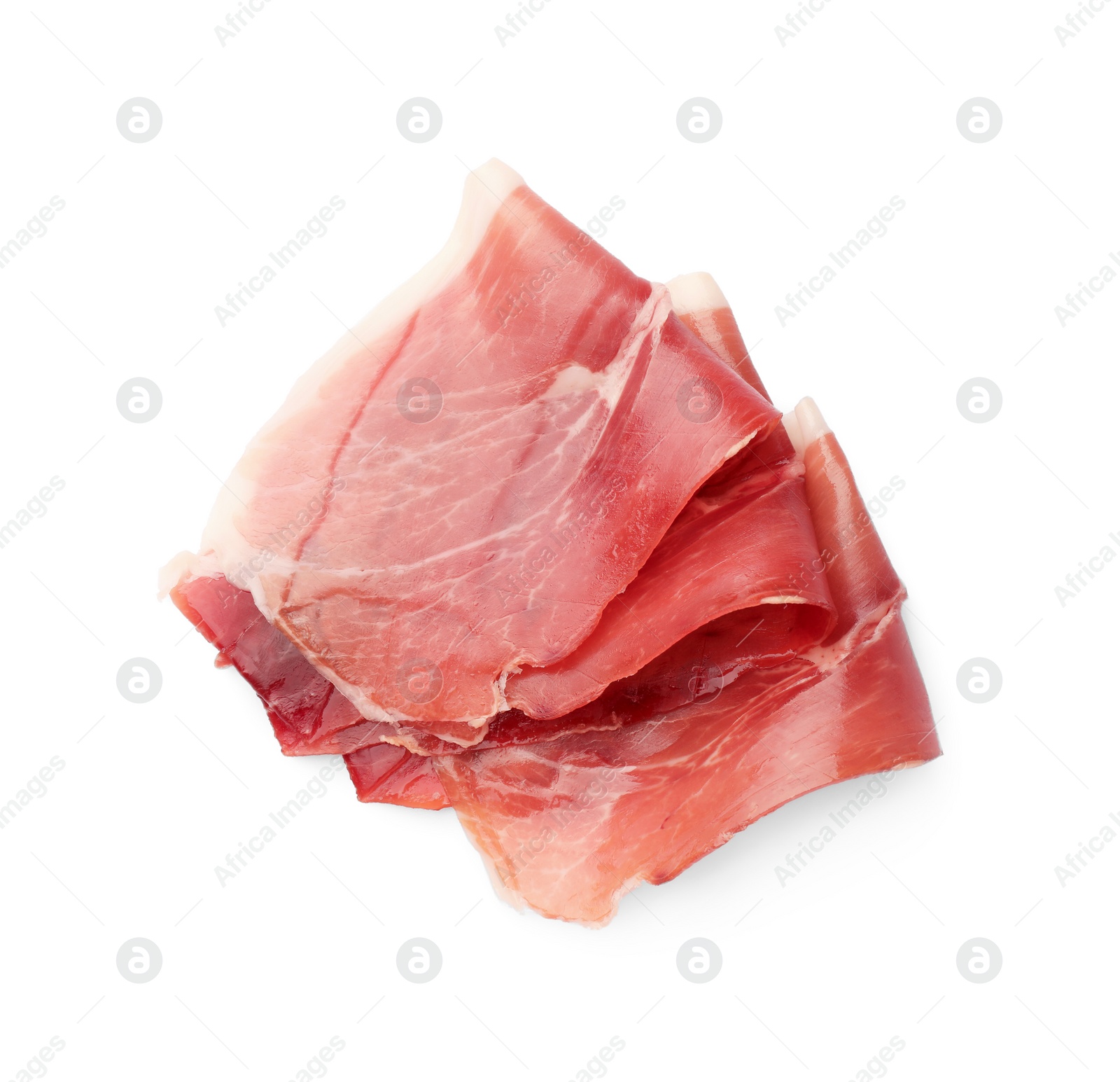 Photo of Slices of delicious jamon isolated on white, top view