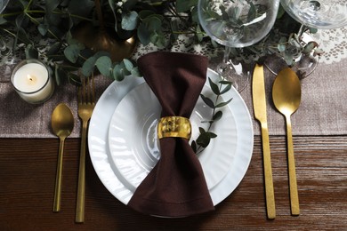 Photo of Stylish elegant table setting for festive dinner, flat lay