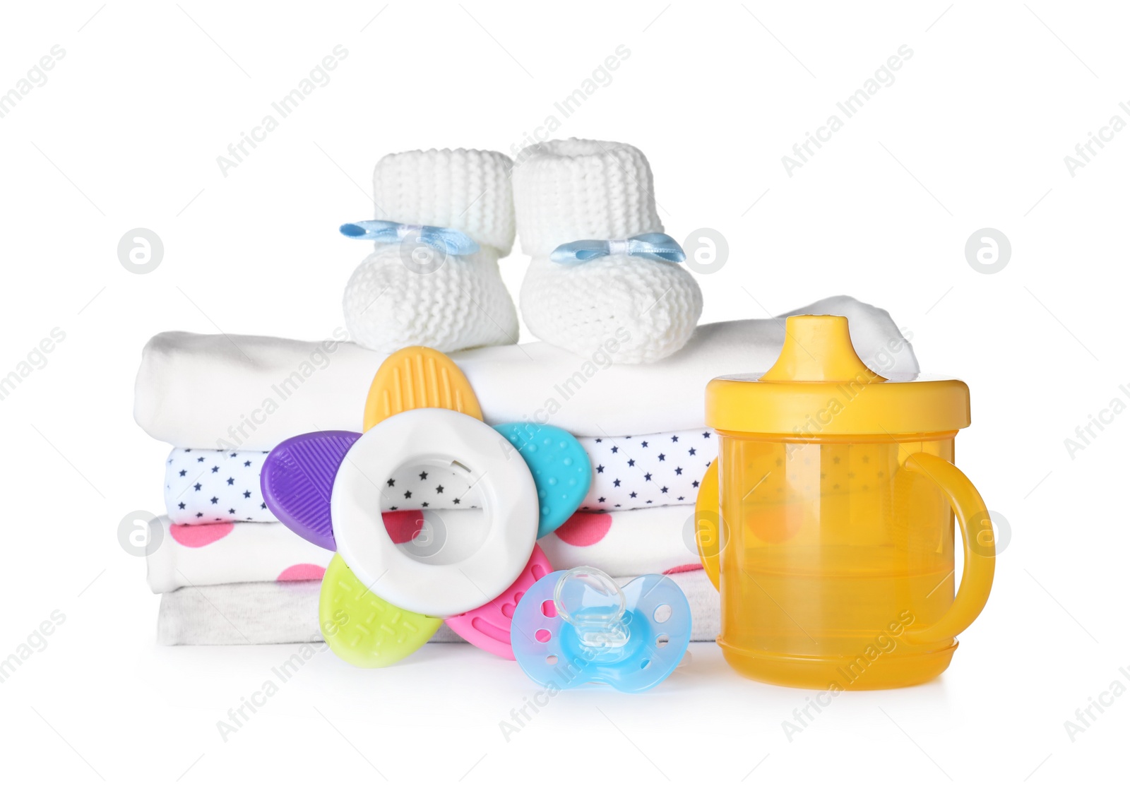 Photo of Set of baby accessories on white background