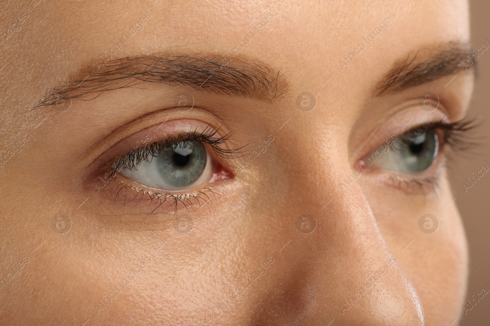 Photo of Woman with beautiful natural eyelashes on light brown background, closeup