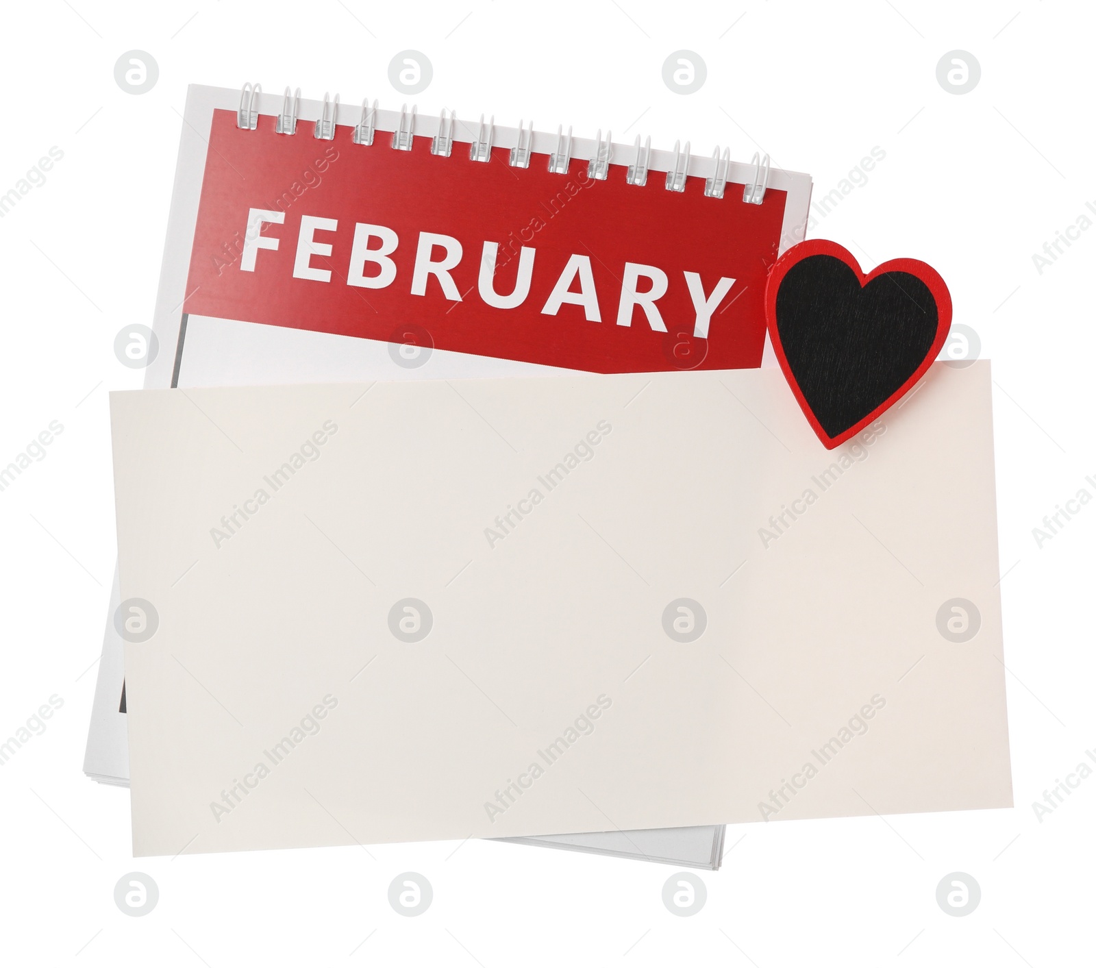 Photo of Blank card and calendar on white background, top view. Valentine's Day concept