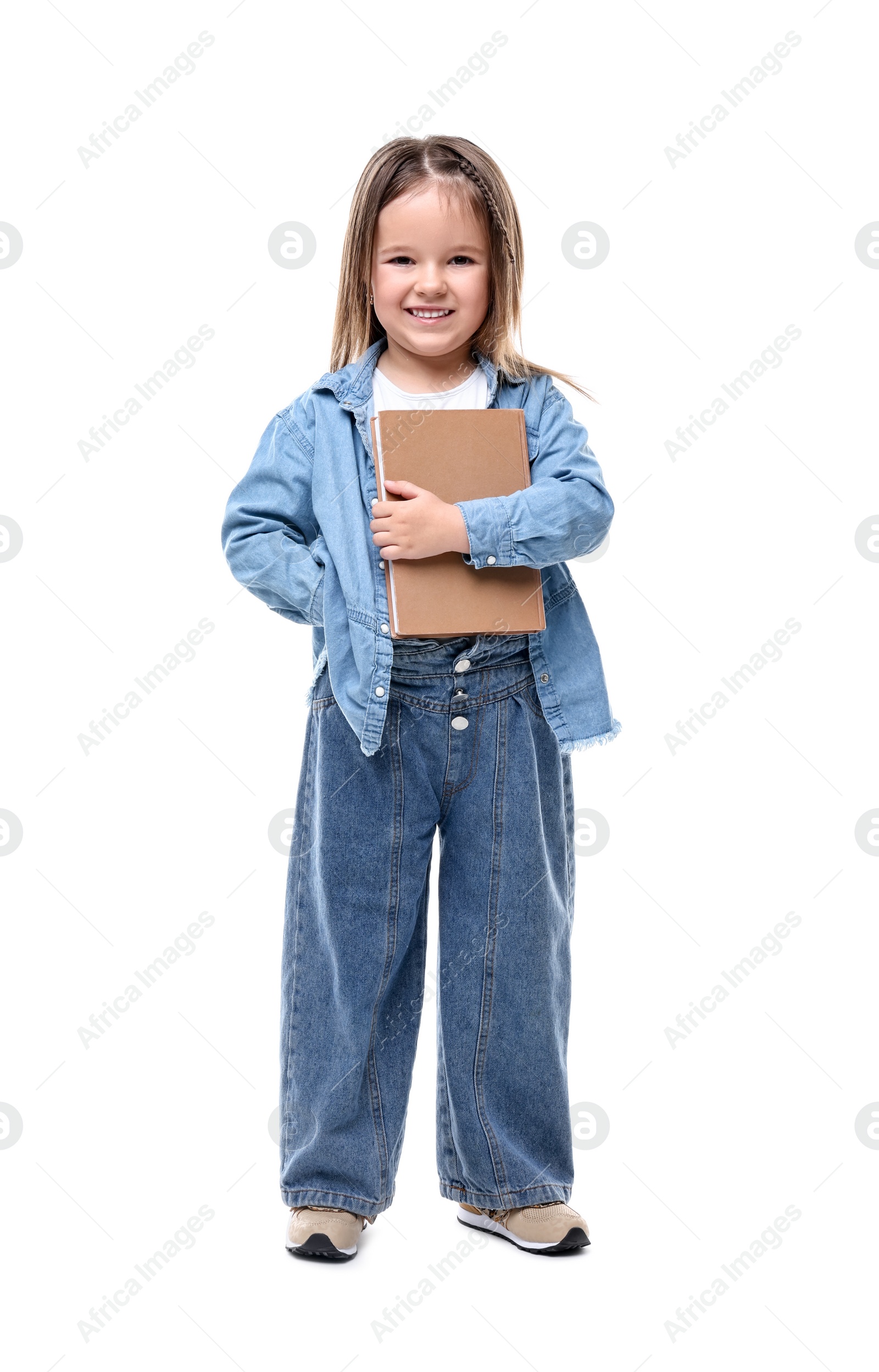 Photo of Cute little girl with book on white background