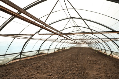 Photo of Large agricultural greenhouse prepared for seed sowing