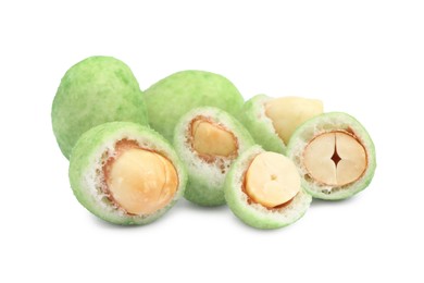 Photo of Tasty wasabi coated peanuts on white background