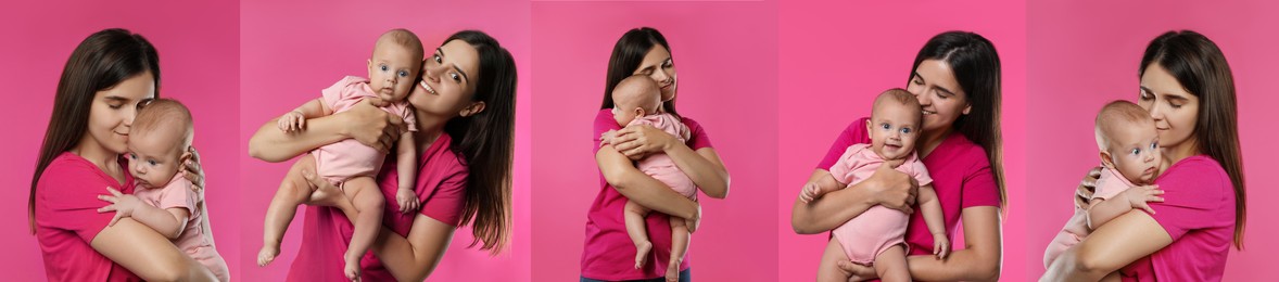 Image of Collage with photos beautiful mother and her cute baby on pink background. Banner design