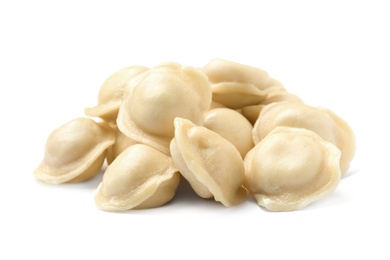 Photo of Boiled dumplings with tasty filling on white background