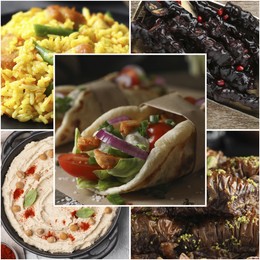 Image of Different tasty Middle Eastern dishes. Collage of pita wraps, hummus, pilaf, churchkhela and baklava