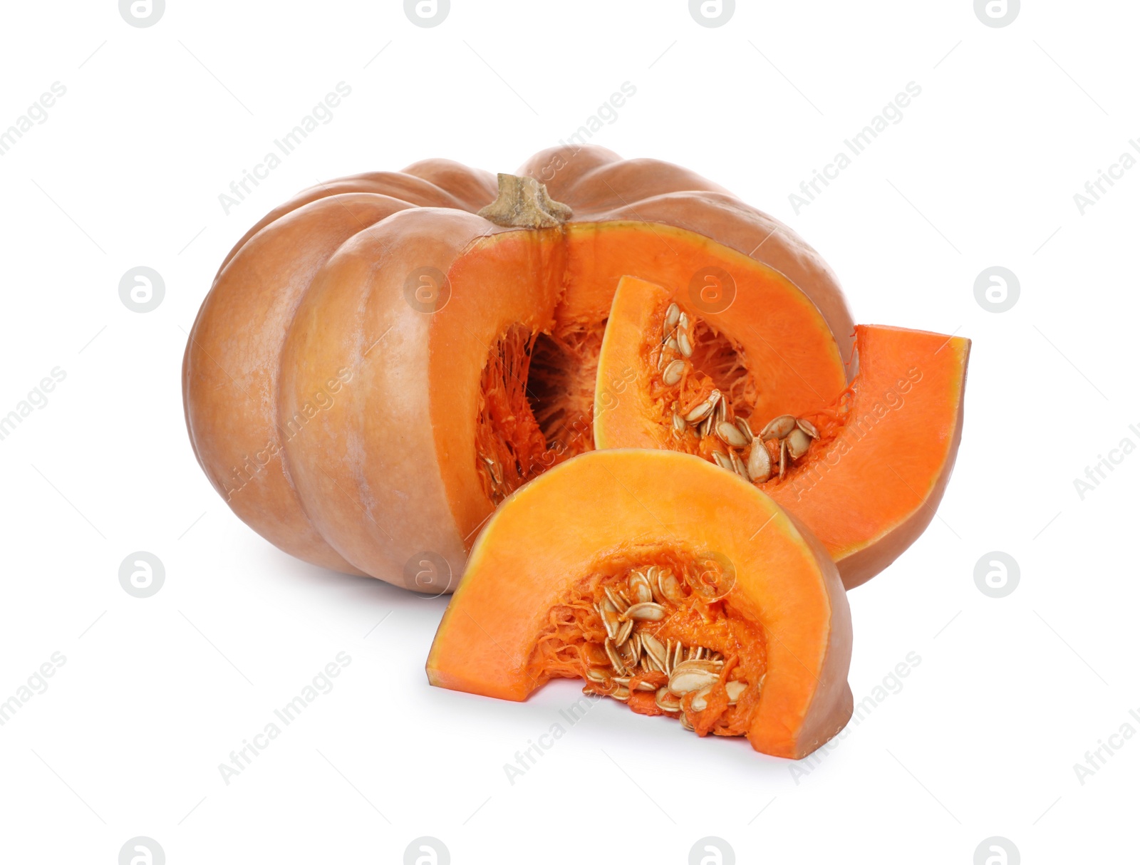 Photo of Sliced fresh ripe pumpkin on white background