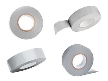 Image of Collage with light grey insulating tape on white background, different angles