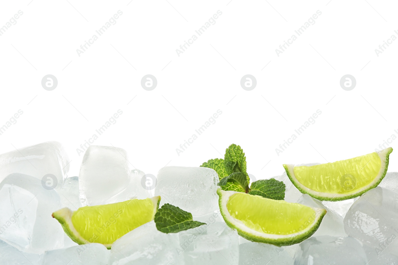 Photo of Ice cubes, mint and lime slices on white background