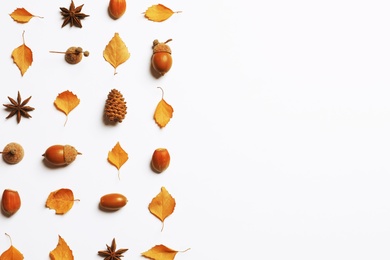 Photo of Flat lay composition with autumn leaves and space for text on white background