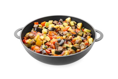 Delicious ratatouille in baking dish isolated on white