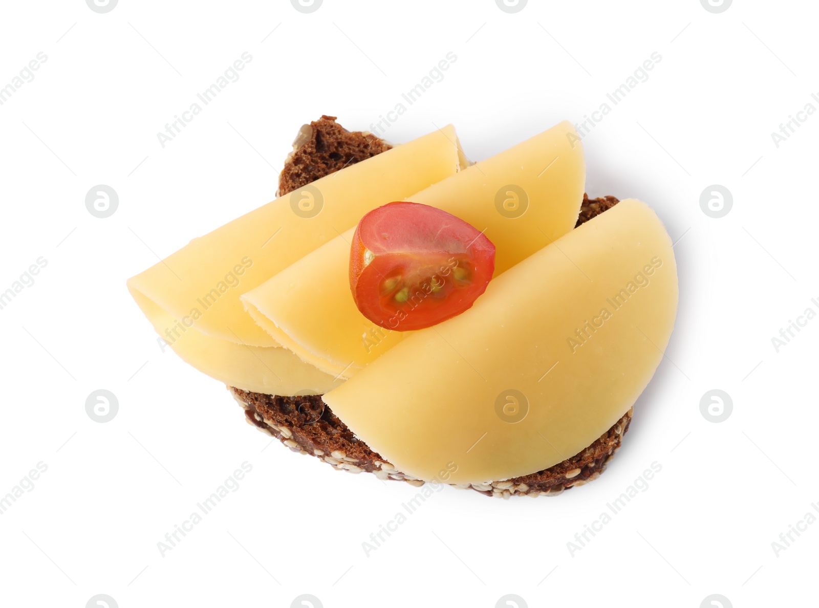 Photo of Tasty sandwich with slices of fresh cheese and tomato isolated on white, top view