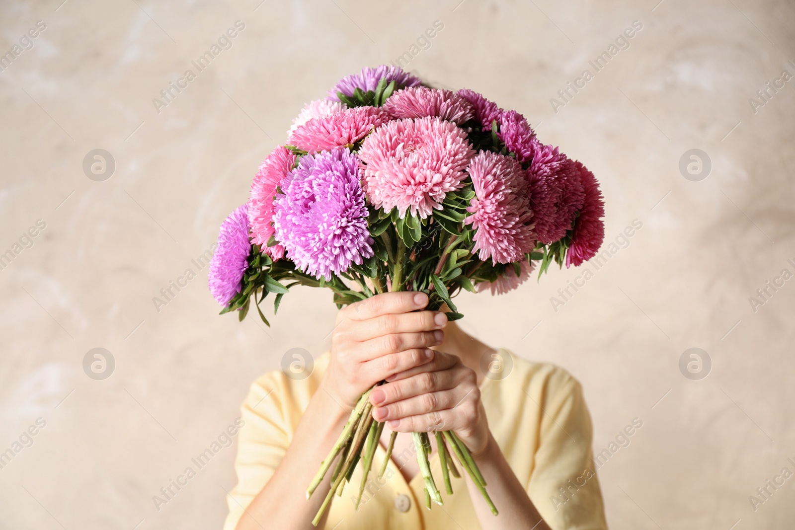 Photo of Woman holding bouquet of beautiful aster flowers on beige background