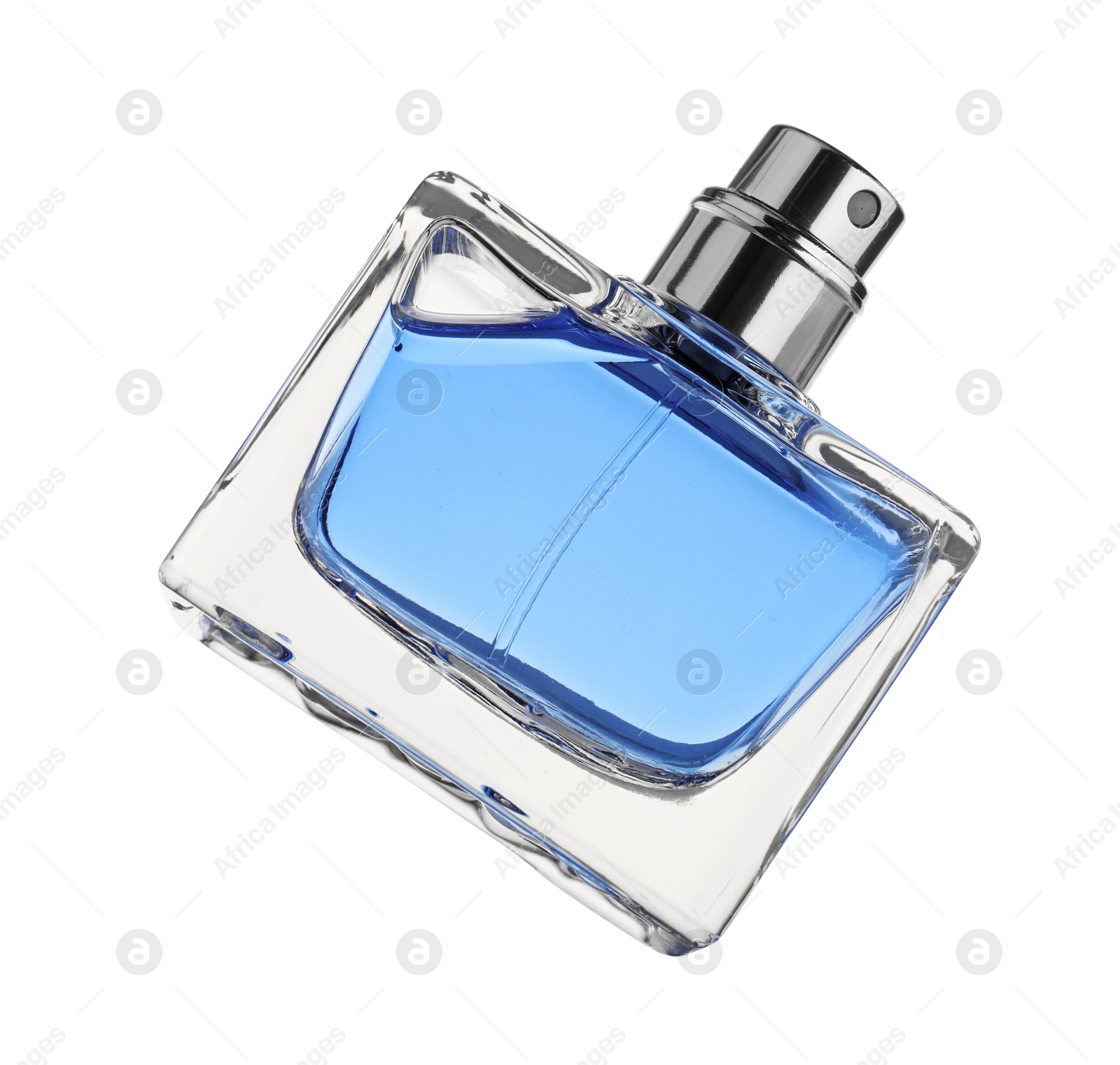 Photo of Blue men's perfume in bottle isolated on white