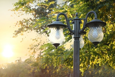 Photo of Beautiful view of vintage streetlight outdoors on sunny day, space for text