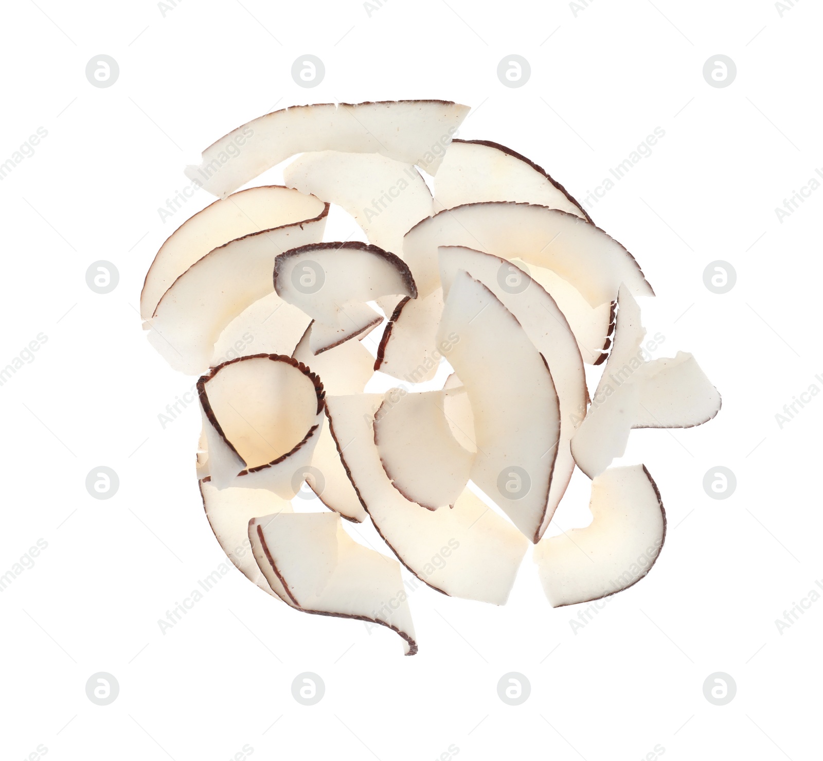 Photo of Fresh coconut flakes on white background, top view