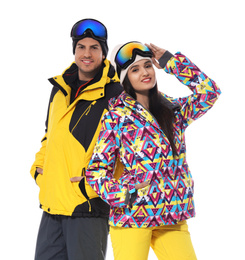 Couple wearing stylish winter sport clothes on white background