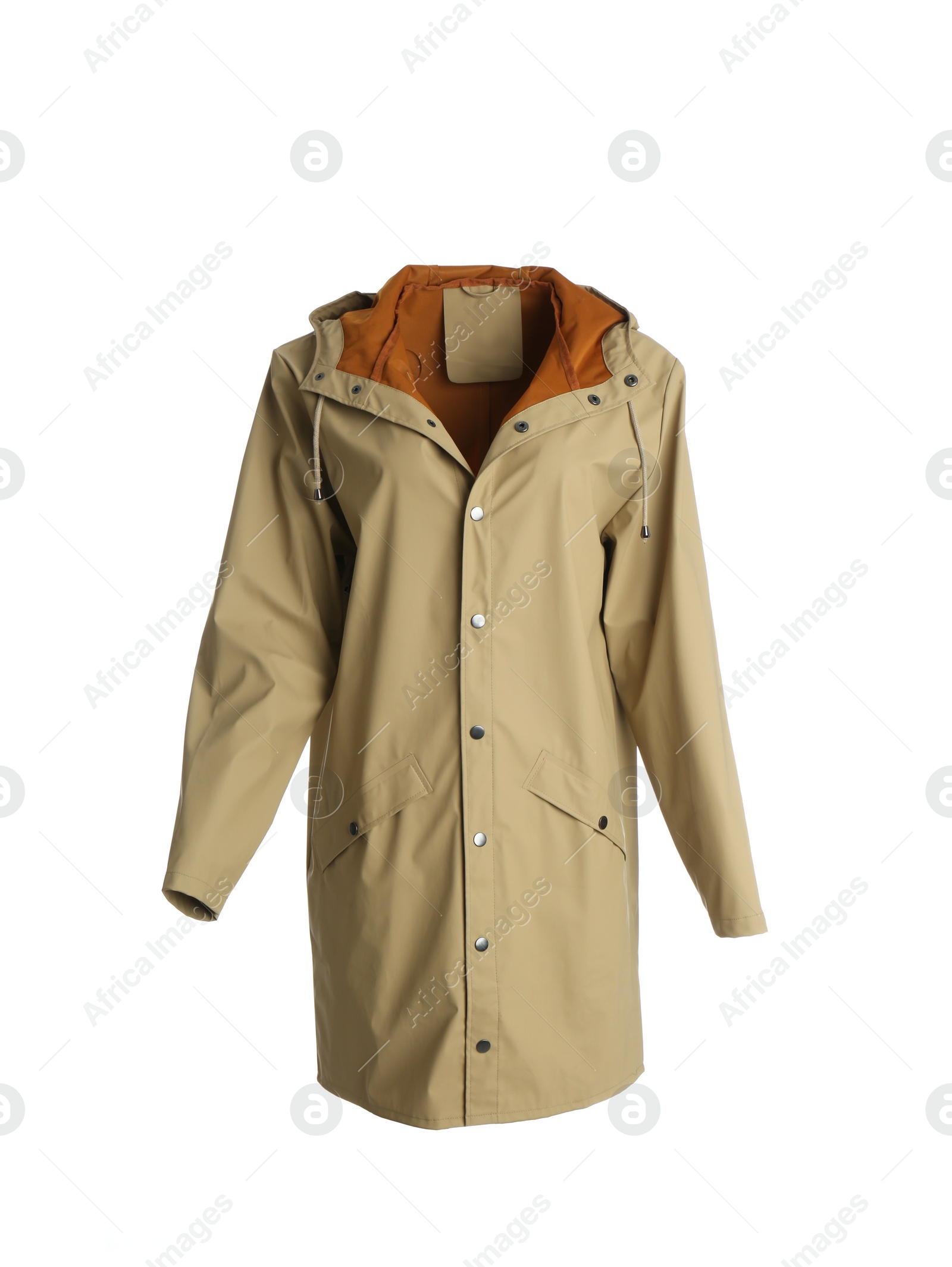 Photo of Warm jacket on mannequin against white background. Stylish clothes