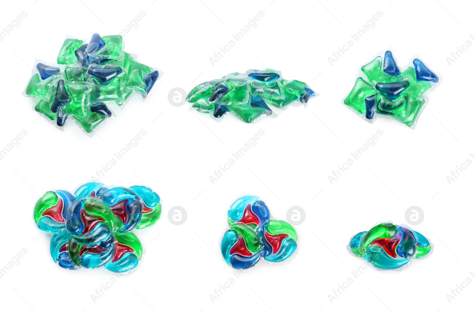 Image of Set with laundry capsules on white background. Detergent pods